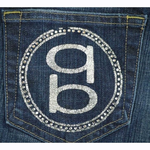 BeBe Dark Denim Jeans Size 31 Back Pocket Silver Sequin Detail Logo Boot Cut - Picture 5 of 7